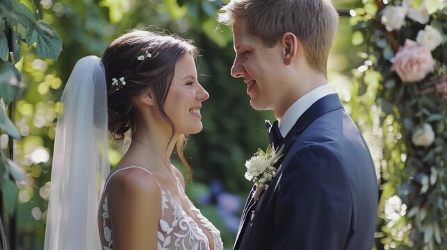 Bride and groom exchanging vows in a garden setting,close up,smile face,romantic,realistic,4k. --ar 16:9 Job ID: 6aa75472-ee2b-4d09-a839-086750a36ad4