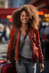 A woman with a beautiful curly mane smiles broadly, pulling a suitcase along a bustling city sidewalk, exuding travel excitement.
