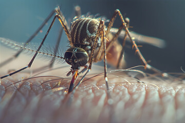Macro Mosquito Macro on a human skin sucking blood. Mosquito is carrier of Malaria, Encephalitis, Dengue and Zika virus concept. - obrazy, fototapety, plakaty