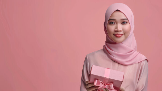 a malay muslim woman holding a gift box against a soft pastel backdrop, conveying the sentiment of joy and celebration in a delicate and charming composition. Generative AI technology