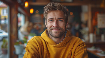 Casual handsome man in yellow hoodie smiling at the camera in a cozy cafe setting - obrazy, fototapety, plakaty