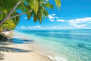 Fototapeta na wymiar A scenic beach featuring tall palm trees and crystal clear blue water gently lapping against the sandy shore, Tropical beach with palms and turquoise sea, AI Generated