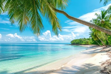A photo featuring a sunny tropical beach with palm trees and crystal clear water, Tropical beach with palms and turquoise sea, AI Generated