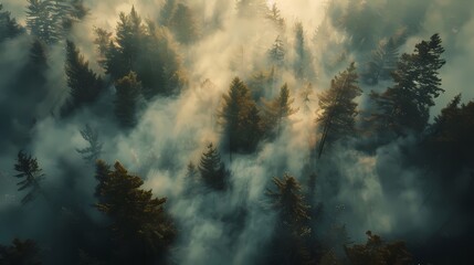 A serene morning as sunlight filters through the mist, illuminating a dense pine forest. The gentle play of light and shadow creates a mystic allure. AI Generative