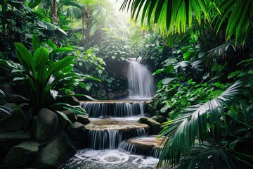 A small waterfall flows gracefully through a vibrant landscape of lush green plants, Tropical rainforest with multi-level waterfall, AI Generated