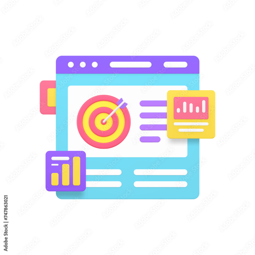 Poster business strategy development analyzing dashboard internet browser 3d icon realistic vector