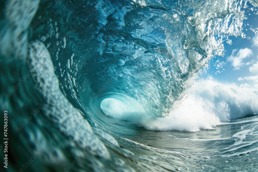 Poster a large blue wave crashes forcefully into the ocean, creating a powerful display of natural energy a