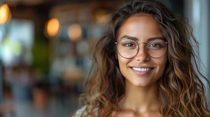 High-resolution image capturing a smiling woman with spectacles and wavy hair