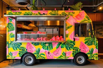 A brightly colored food truck is parked inside a building, serving delicious food to customers, Tropical-themed food truck selling refreshing fruity sorbets, AI Generated