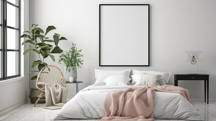 Minimalist bedroom interior with blank frame for mockup, potted plants, and cozy bedding.