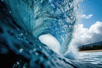 A powerful, large blue wave crashes and breaks into the ocean, creating a dramatic display of natural force, Tunnel vision of a surfing wave, AI Generated