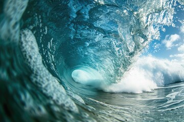 A large blue wave crashes forcefully into the ocean, creating a powerful display of natural energy and movement, Tunnel vision of a surfing wave, AI Generated - Powered by Adobe