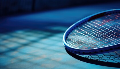 Blue tennis racket lying on the line between inner part ond outer