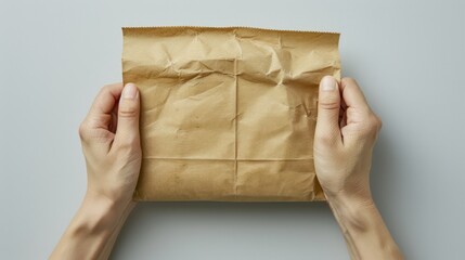 Close-up of hands holding a crumpled brown paper bag. Concept of eco-friendly packaging and sustainable living