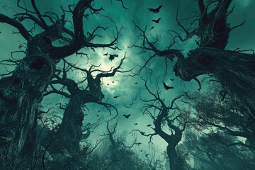 A dense forest teeming with trees completely covered in bats hanging upside-down, Twisted, spooky trees under a sky filled with flying witches, AI Generated