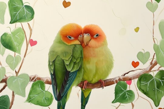A realistic painting depicting two birds perched on a tree branch against a plain background, Two lovebirds cuddling on a branch with heart-shaped leaves around, AI Generated