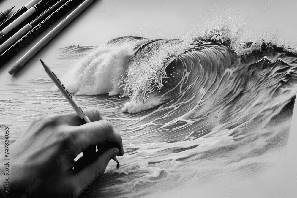Poster a detailed pencil drawing capturing the intense power and movement of a wave in the ocean, ultra-rea