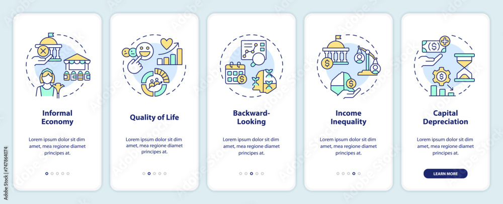Poster purchasing power parity onboarding mobile app screen. walkthrough 5 steps editable graphic instructi