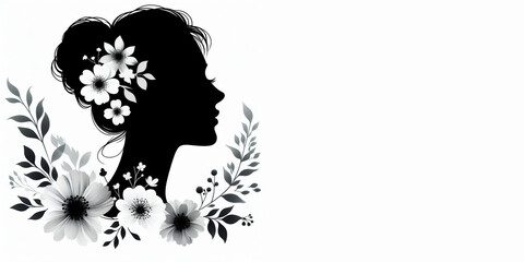 Silhouette of a beautiful woman with flowers on a white background with copy space for text