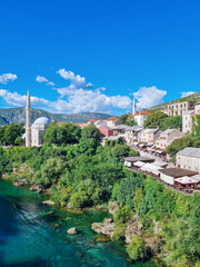 View of Mostar from the Stari Most bridge at Neretva river, Mostar, Bosnia and Herzegovina