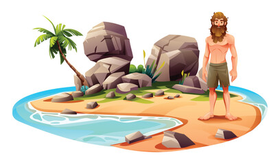 Shipwreck man on desert island with palm trees and rocks. Vector cartoon illustration isolated on white background - obrazy, fototapety, plakaty
