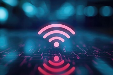 A detailed view of a Wi-Fi symbol displayed on a digital device, representing a wireless internet connection, Undemanding wireless network hotspot signals, AI Generated - obrazy, fototapety, plakaty