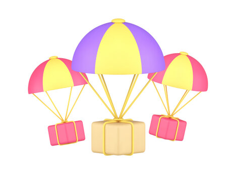 Air delivery service parcel shipment cardboard box with parachute 3d icon realistic vector
