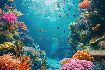 An Underwater View of a Colorful Coral Reef Teeming With Fish, Under the sea theme featuring corals, turquoise waters and a canopy of colorful sea creatures, AI Generated