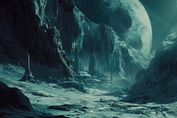 This photo captures an otherworldly landscape, showcasing towering mountains, breathtaking rock formations, and distant planets in the sky, Underground city in a massive lunar crater, AI Generated