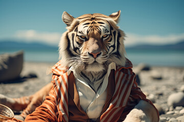 Tiger In Fashionable Clothes And sunglass - obrazy, fototapety, plakaty