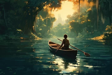 Foto op Canvas boy rowing a boat in a river through the forest, digital art style © Rehman