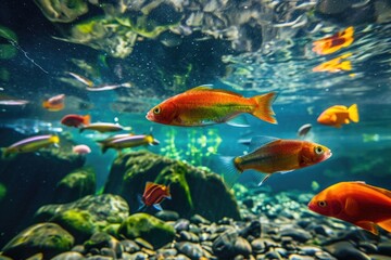 A diverse group of fish of various species swimming together in a vibrant aquarium, Underwater view of whimsical, colorful fish in a clear blue river, AI Generated