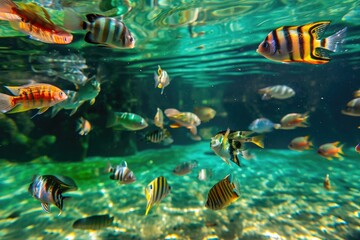 A diverse assortment of fish swim together in a captivating display within the confines of an aquarium, Underwater view of whimsical, colorful fish in a clear blue river, AI Generated