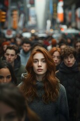 A woman stands out in a crowd, highlighted by a soft-focus effect. Concept Portrait Photography, Soft-Focus Effect, Stand Out, Woman, Crowd