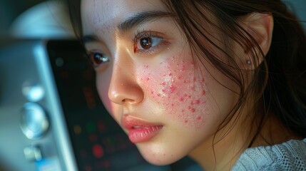 Beauty care from skin problems by medical treatment, asian young woman in puberty looking into a mirror, allergic reaction to cosmetics, a red spot or rash on her face. - obrazy, fototapety, plakaty