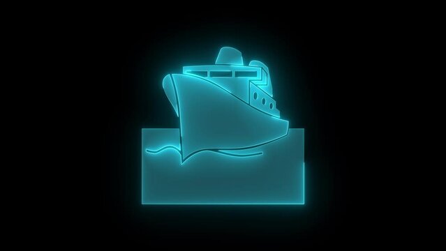 Passenger ship icon glowing neon cyan color animation black background