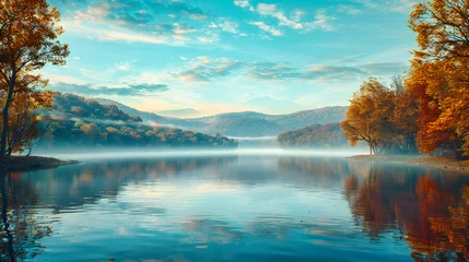 Fototapete Peaceful Autumn Lake with Forest Reflection, Foggy Morning Scenery, Tranquil Travel Destination © NURA ALAM