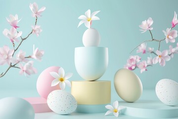 stacked flying geometric shapes, easter eggs and spring flowers, modern balancing, pastel colors...