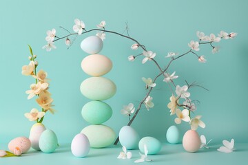 stacked flying geometric shapes, easter eggs and spring flowers, modern balancing, pastel colors trendy Easter card