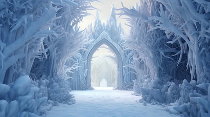 A network of  ice tunnels winds beneath the frozen landscape, offering a surreal and magical journey through the heart of winter, with hidden chambers adorned with intricate ice sculptures and delicat - obrazy, fototapety, plakaty