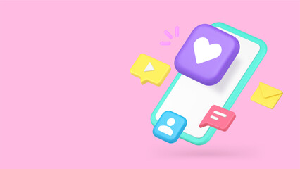 Dating smartphone application love mail chatting profile banner copy space 3d icon realistic vector