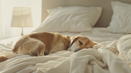 Serene dog asleep on a cozy bed bathed in morning light.