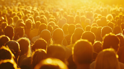 Obraz premium Crowd basking in the golden glow of a sunset, with a focus on headshots in silhouette.