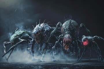A collection of creepy-looking monsters huddled together in the shadows of a dark forest, Various cybersecurity threats represented as menacing creatures, AI Generated