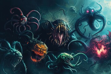 Darkness Reveals a Group of Mysterious and Bizarre Creatures, Various cybersecurity threats represented as menacing creatures, AI Generated