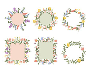 Floral Frame Collection. Set of cute retro flowers arranged un a shape of the wreath perfect for wedding invitations and birthday cards