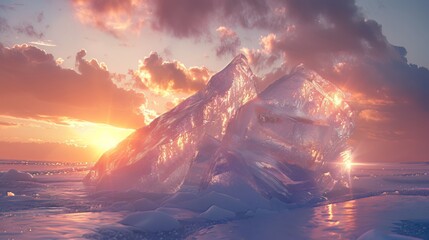 A very large and beautiful chunk of ice glistens at sunrise during winter. - obrazy, fototapety, plakaty