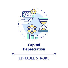 Capital depreciation multi color concept icon. National inflation. Financial distress, economic downturn. Round shape line illustration. Abstract idea. Graphic design. Easy to use in brochure, booklet