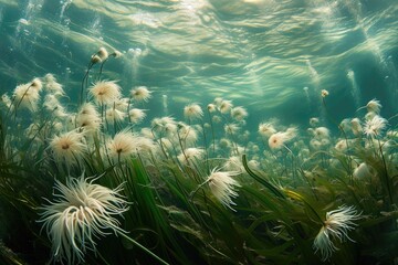 Fototapeta na wymiar A collection of various aquatic plants fully submerged and thriving in the clear waters of a shallow stream, Vast fields of sea anemones swaying peacefully in the underwater current, AI Generated