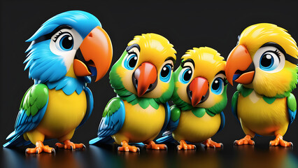 a birds parrot family emoji on black background. parrot on the palm. wild birds, cartoon faces, animal cartoon characters, sticker design, and emojis of wild animals or cute cartoon illustrations.